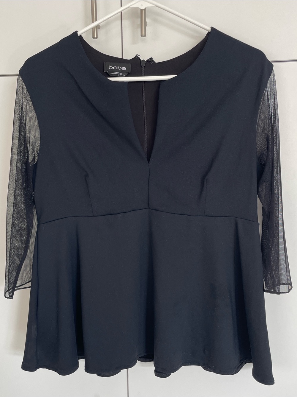 Bebe Black Peplum Top Sheer Mesh 3/4 Sleeve V-Notch Zipper Back L